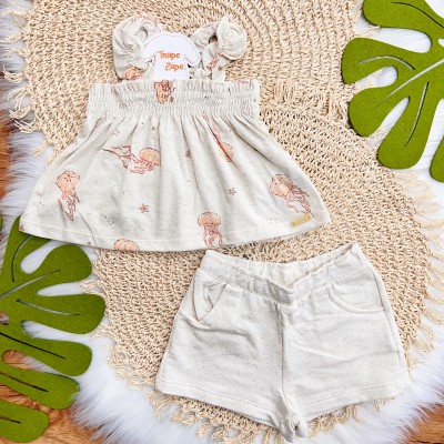 Conj. Batinha Água Viva e Short em Linho - Areia e Laranja